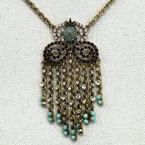 Plunder Chandelier Pendant Necklace Gold Tone Chains Tassel Rhinestone Long